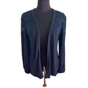 Maurice’s Navy Open Front Cardigan With Lace Detail, Long Sleeves Size XS